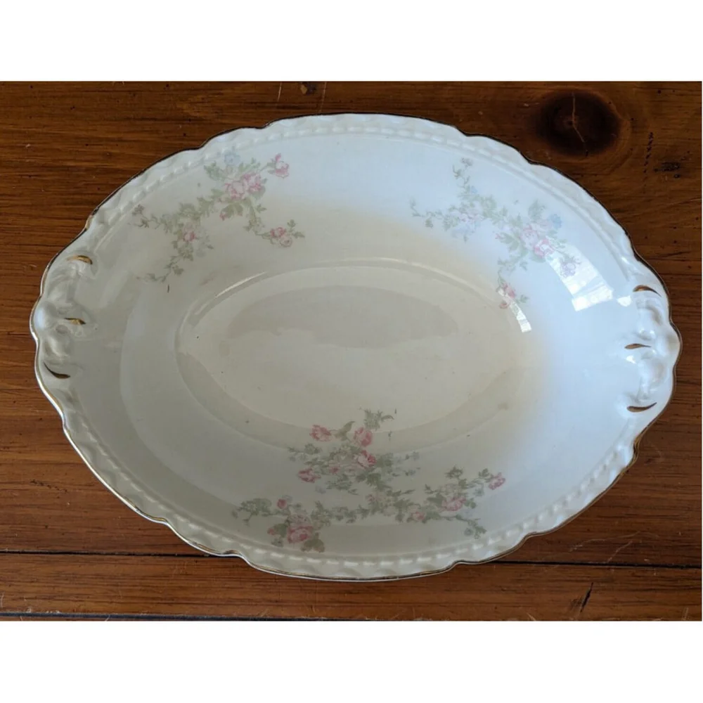 Embassy Oval Vegetable Bowl Pink & Lavender Flowers Raised Border